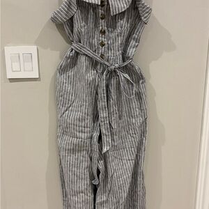 Chic Light Blue Striped Jumpsuit with Belt